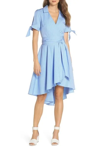 НОВОЕ Элегантное СИНЕ/БЕЛОЕ платье-рубашка с рюшами с запахом Eliza J, миниатюрный размер 4P