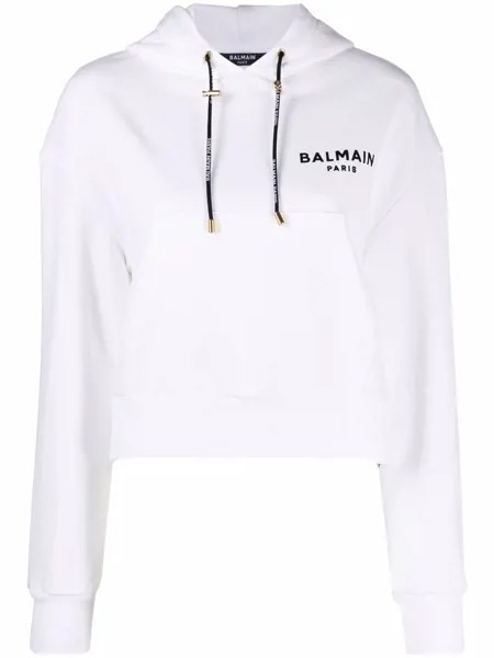 Balmain flocked logo-print cropped hoodie