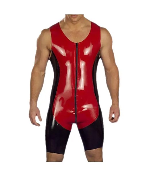 Латексный мужской спортивный облегающий костюм, Черное и красное Боди без рукавов, стандартный размер