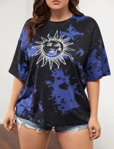 SHEIN CURVE Черная синяя футболка большого размера с отбеливателем Tie Dye Sun Moon Astrology 4XL 3