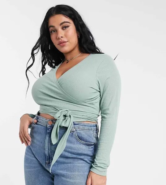 Лонгслив в рубчик с запахом ASOS DESIGN Curve-Зеленый