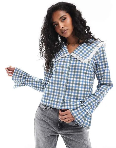 Блузка из поплина в клетку с объемным воротником ASOS DESIGN