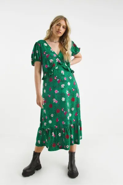 Зеленое очень нежное платье миди с цветочным узором и рюшами Simply Be, зеленый