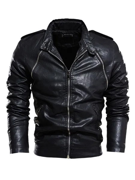 Milanoo Men\'s Leather Jackets Zipper PU Leather Thicken Windbreaker Stylish Layered Black