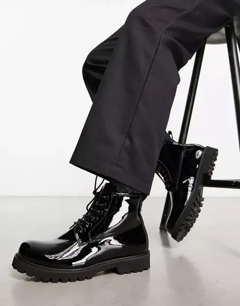 Черные ботинки на шнуровке Devils Advocate из лакированной кожи на толстой подошве