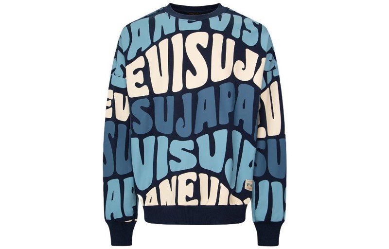 Толстовка EVISU FW22 с волнистым текстовым принтом по всей поверхности, синий/белый/голубой