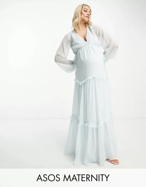 Эксклюзивное многоярусное платье макси с длинными рукавами, вырезом на поясе и завязками ASOS DESIGN Maternity нежно-голубого цвета