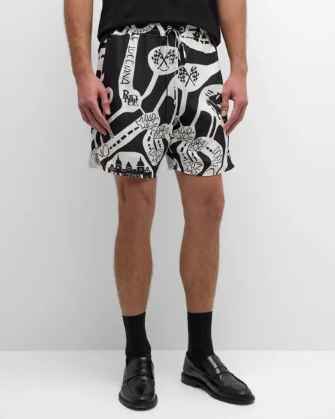 Мужские шелковые шорты Strada на шнурке Rhude, цвет Black/White