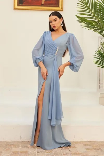Шифоновое длинное вечернее платье цвета индиго с пряжкой Carmen, темно-синий
