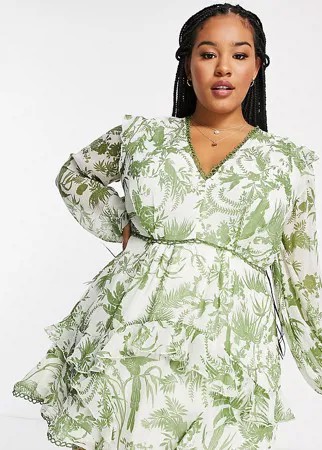 Платье мини с длинными рукавами и отделкой воланами ASOS DESIGN-Разноцветный