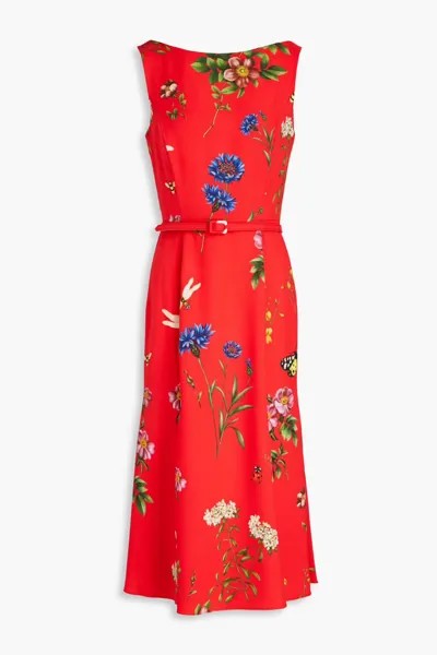 Платье миди из кади с поясом и цветочным принтом Oscar De La Renta, красный