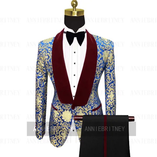 Новое поступление 2021, дизайнерский Свадебный Мужской костюм с цветочным принтом Бургунди, приталенные куртки, 2 предмета, бархатный блейзер...