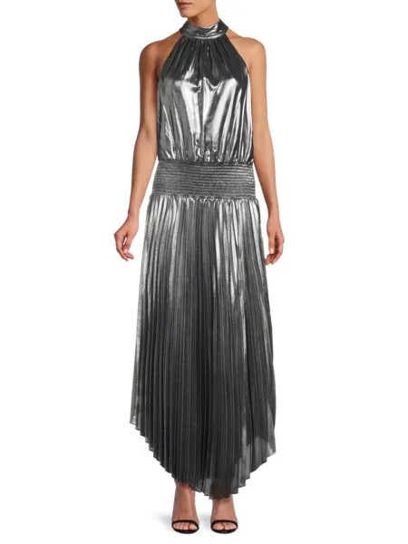 Плиссированное платье макси цвета металлик Olana Ramy Brook, серебро