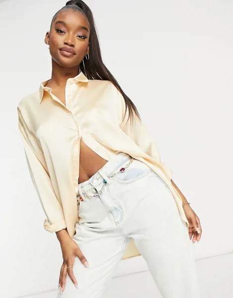 Бежевая атласная oversized-рубашка Missguided-Бежевый