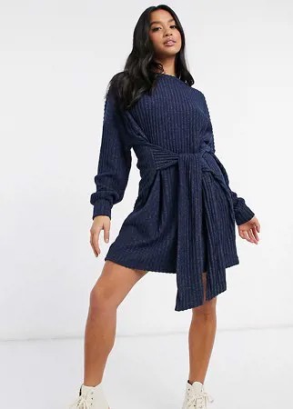 Темно-синее платье мини в рубчик с начесом и завязывающимся поясом ASOS DESIGN Petite-Темно-синий