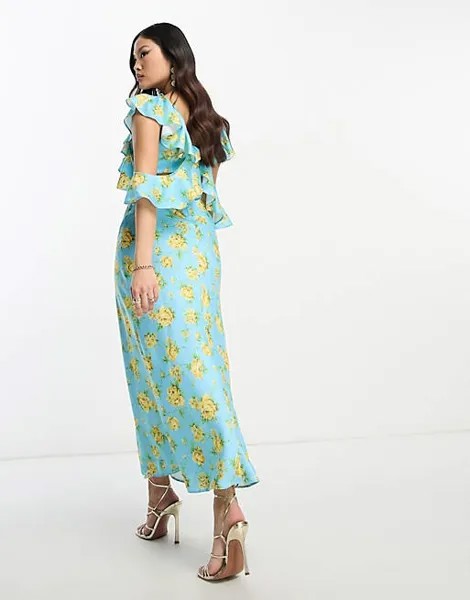Атласное платье миди с развевающимися рукавами ASOS DESIGN Petite синего цвета с цветочным принтом