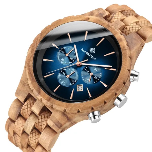 Роскошный бренд KUNHUANG, новые мужские кварцевые наручные часы, светящиеся стрелки, хронограф, спортивные мужские деревянные часы