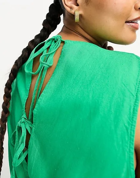 Зелёный льняной комбинезон с завязками на спине и складками на широких штанинах Vero Moda Curve