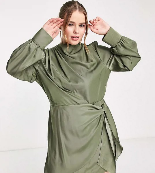 Зеленое платье мини со складками, свободным воротом и завязкой на юбке ASOS DESIGN Curve-Зеленый цвет