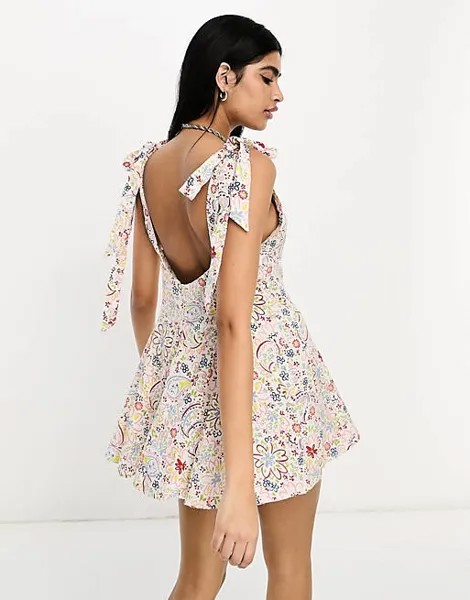 Льняной мини-сарафан с крестообразными бретелями и годеками ASOS DESIGN