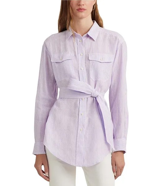 Полосатая рубашка на пуговицах с длинными рукавами и поясом Lauren Ralph Lauren, фиолетовый