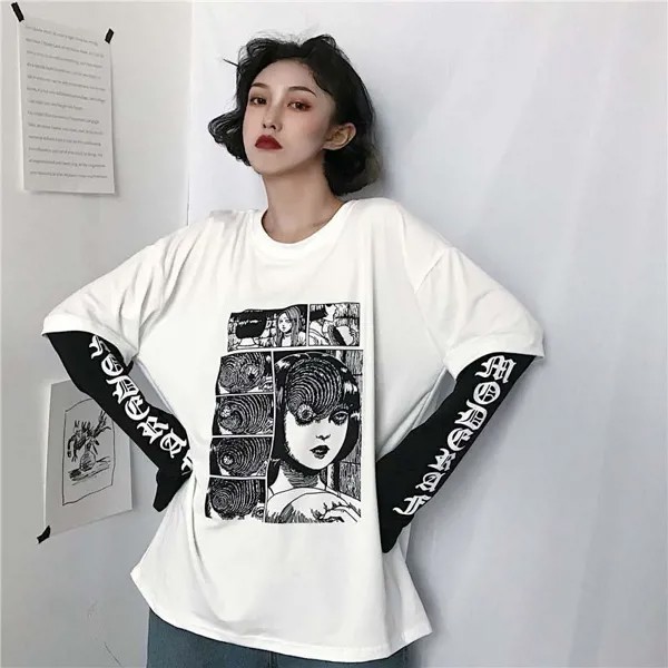 Harajuku Женская футболка с принтом Японские комиксы ужасов Оверсайз Черный с длинным рукавом Футболка для женщин Hiphop Уличная одежда Готические топы Y2k
