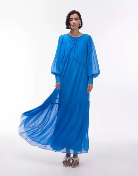Ярко-синее многоярусное платье макси премиум-класса Topshop