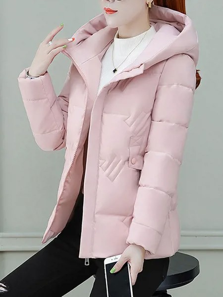 Milanoo Puffer Coats For Women Pink Hooded Zipper Long Sleeves Cotton Winter Outerwear