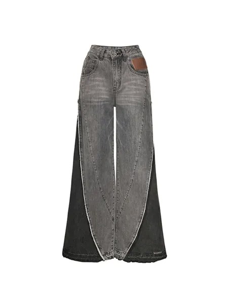 Винтажные свободные прямые джинсы Y2K в стиле пэчворк с высокой талией, модные корейские женские широкие мешковатые джинсовые брюки, женская...