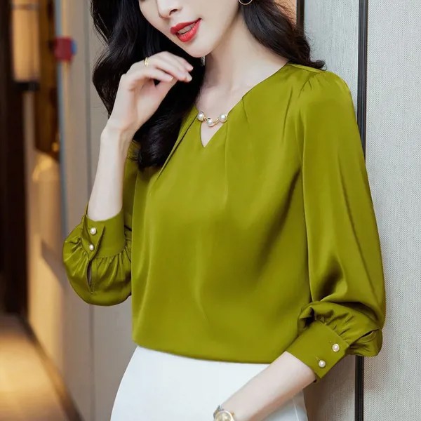 Шикарная шифоновая блузка V-nekc с жемчужинами на весну, Женская корейская мода, элегантная Однотонная рубашка, женский простой Универсальный Топ с длинным рукавом для женщин