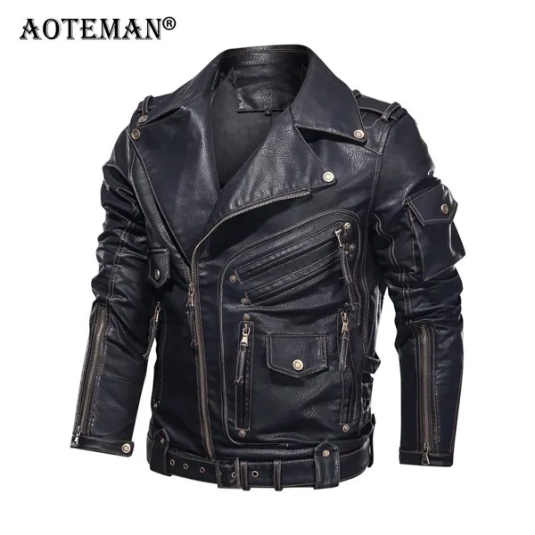 Мужская кожаная куртка, мотоциклетное пальто, кожаная куртка на молнии, с карманами, европейские размеры LM427, для осени и зимы