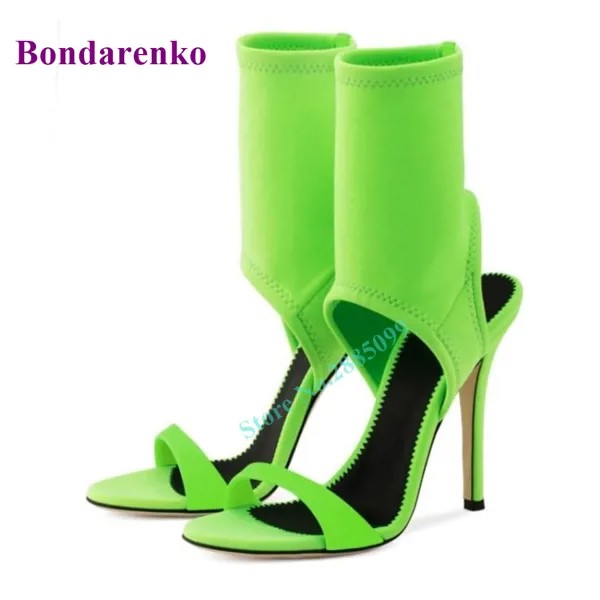 Сандалии женские эластичные с открытым носком, однотонные босоножки оверсайз без застежки, туфли на тонком высоком каблуке, вечерний наряд, цвет зеленый, лето