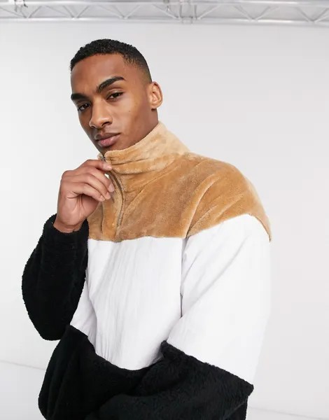 Олимпийка с плюшевыми вставками в стиле колор блок ASOS DESIGN-Коричневый