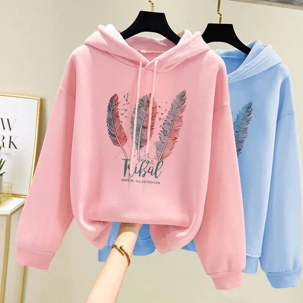 Женщины Мода Перо Печатные Hoodies Осень Зима Плюс Бархат Случайные Loose Hoodie Sweatshirt