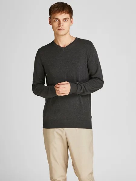 Лонгслив Jack & Jones Dünner Langarm Strickpullover V Neck Basic Sweater JJEEMIL, темно серый