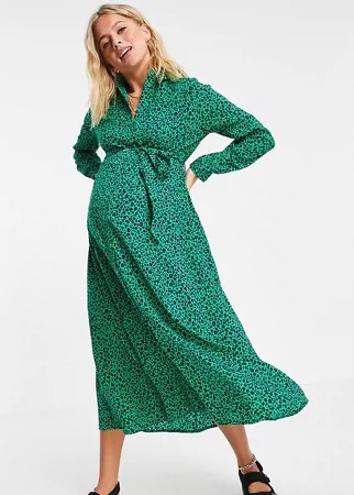 Зеленое платье-рубашка мидакси с длинными рукавами и звериным принтом New Look Maternity-Зеленый цвет