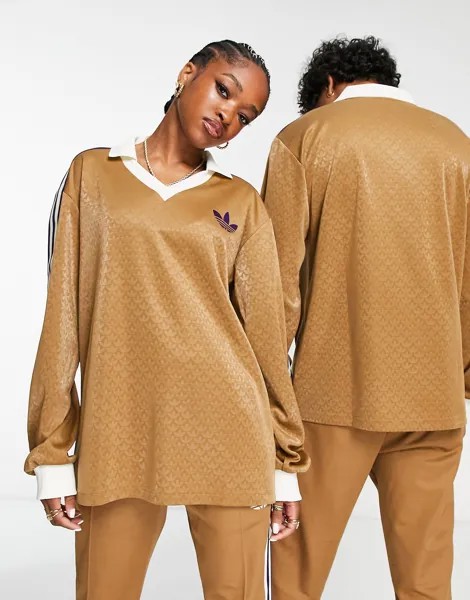 Коричневая футболка-поло унисекс с длинными рукавами и монограммой adidas Originals 'adicolor 70s'