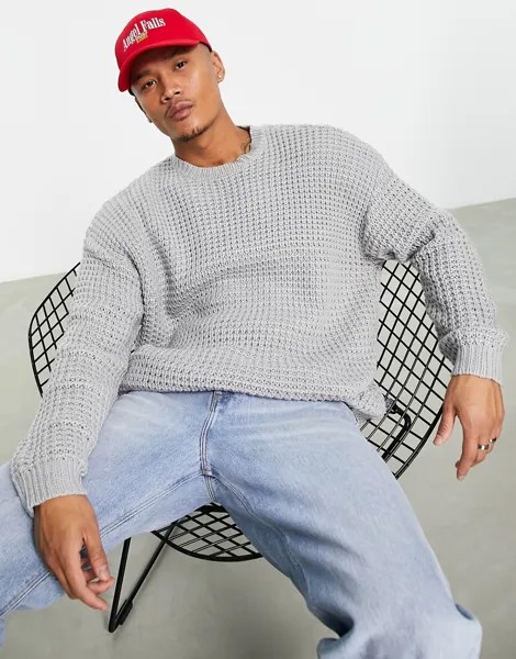 Вязаный oversized-джемпер темно-серого цвета с вафельным узором ASOS DESIGN-Серый