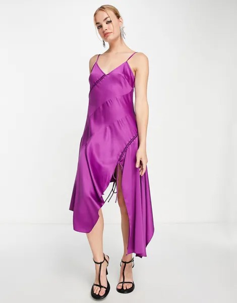 Фиолетовое атласное платье-комбинация миди со шнуровкой Topshop