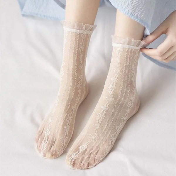 Корейская мода Женщина Носки Лето Ультратонкие Прозрачные Свободные Длинные Носки Сексуальные Кружева Сетка Рыбная сеть Кружева Фрилли Оборки Носки Женщины