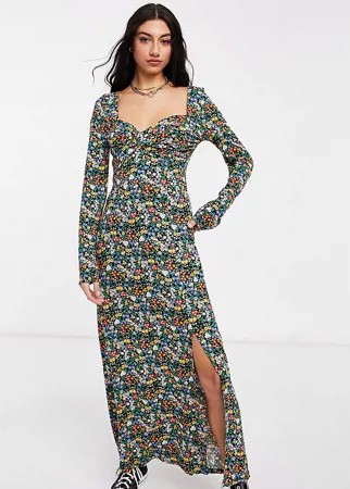 Платье макси с запахом, разрезом спереди, длинными рукавами и ярким мелким цветочным принтом ASOS DESIGN Tall-Многоцветный