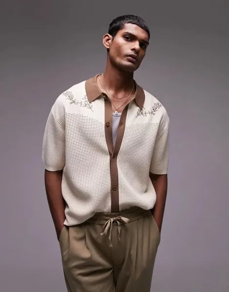 Рубашка свободного кроя Topman бежевого цвета с вышивкой