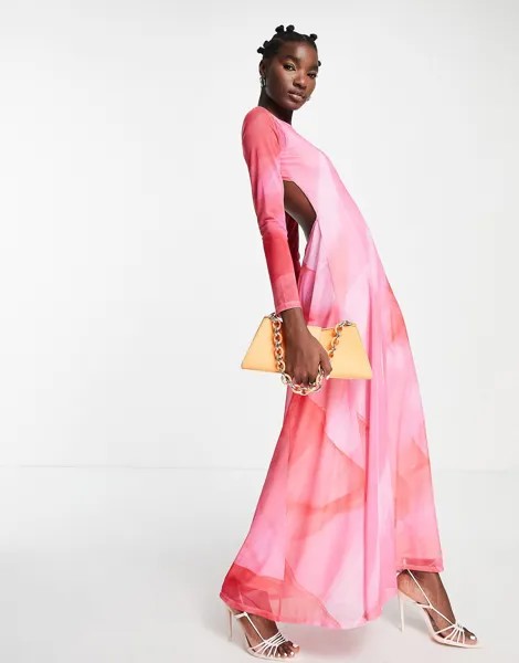 Розово-красное акварельное платье макси с длинными рукавами Topshop