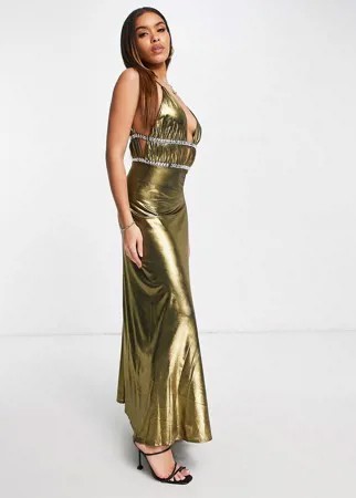 Платье макси с глубоким вырезом и отделкой кристаллами из ткани с эффектом «жидкое золото» Yaura-Золотистый