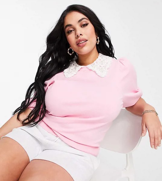 Розовый вязаный топ с воротником из поплина River Island Plus-Розовый цвет