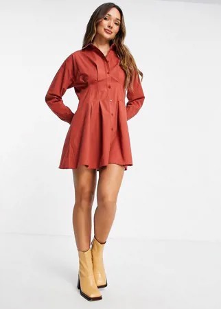 Рыжее платье-рубашка мини из хлопкового поплина со сборками на талии ASOS DESIGN-Красный