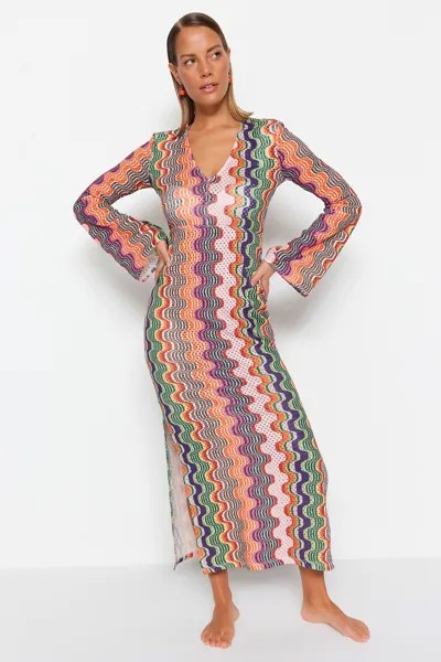 Приталенное вязаное пляжное платье макси с геометрическим узором Trendyol, разноцветный