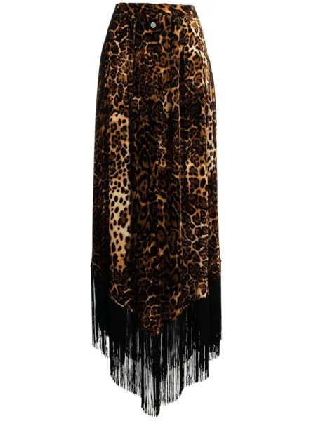 Roberto Cavalli юбка макси с леопардовым принтом и бахромой, оранжевый