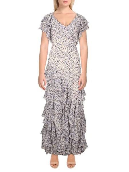 Женское длинное вечернее платье с рюшами Lauren Ralph Lauren, цвет Blue Floral