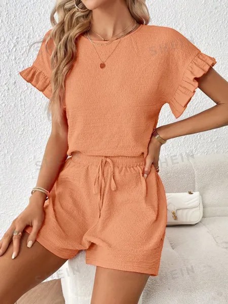 Топ женский и шорты Shein Essnce с круглым вырезом, коралловый / оранжевый
